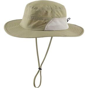 Unisex Dark Khaki 100%Polyester Wide Brim Mesh Chin Strap Classic Hiking Sun Hat